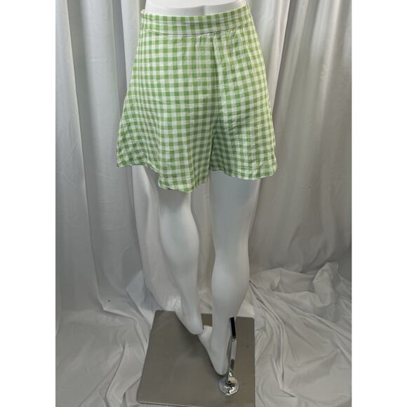 Zara Linen Blend Pleated Gingham Shorts, Green & White, Sz: XL, 82-01 - Picture 5 of 14